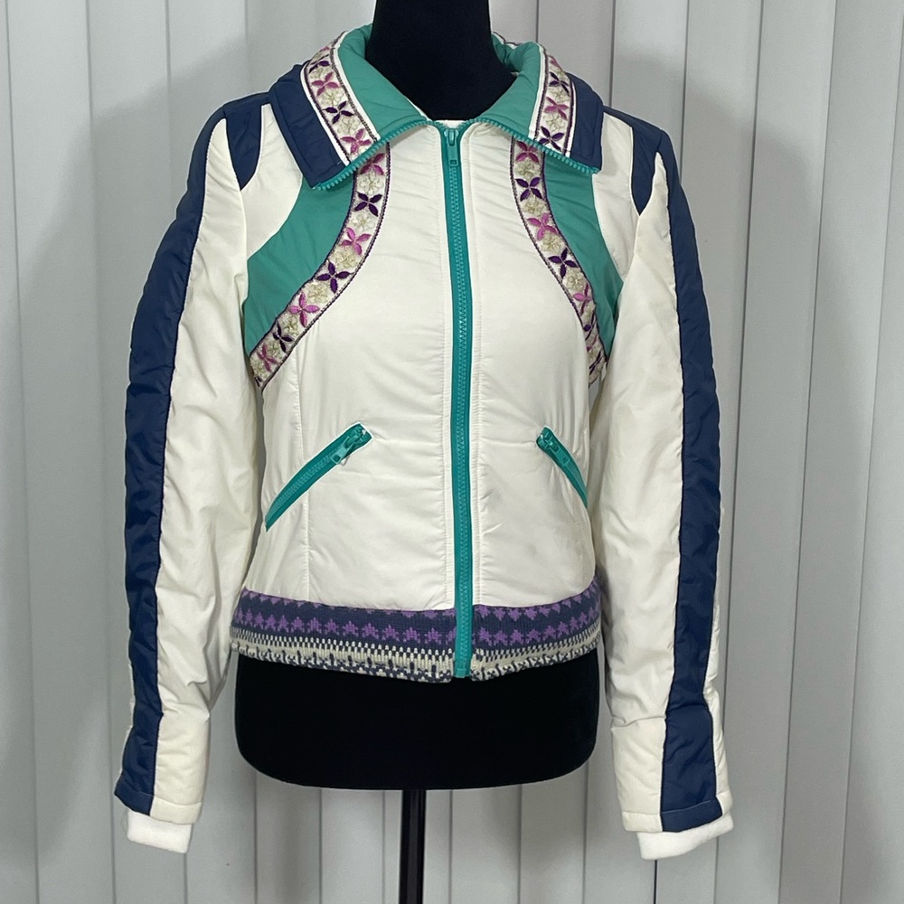 SUGARFLY Senna Patchwork Sweater Knit Nylon Puffer Jacket Coat White Teal Purple
